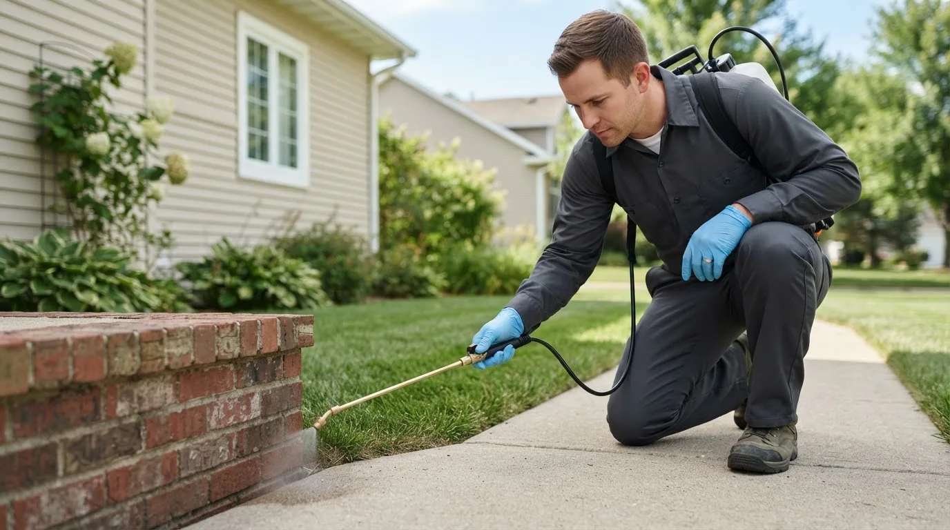 Pest control technician treating a home near Geff, IL