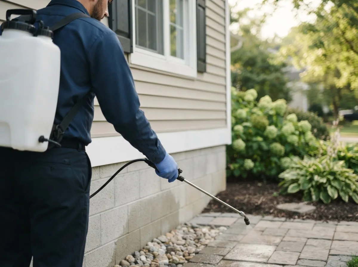 Pest control technician inspecting a home in Geff, IL